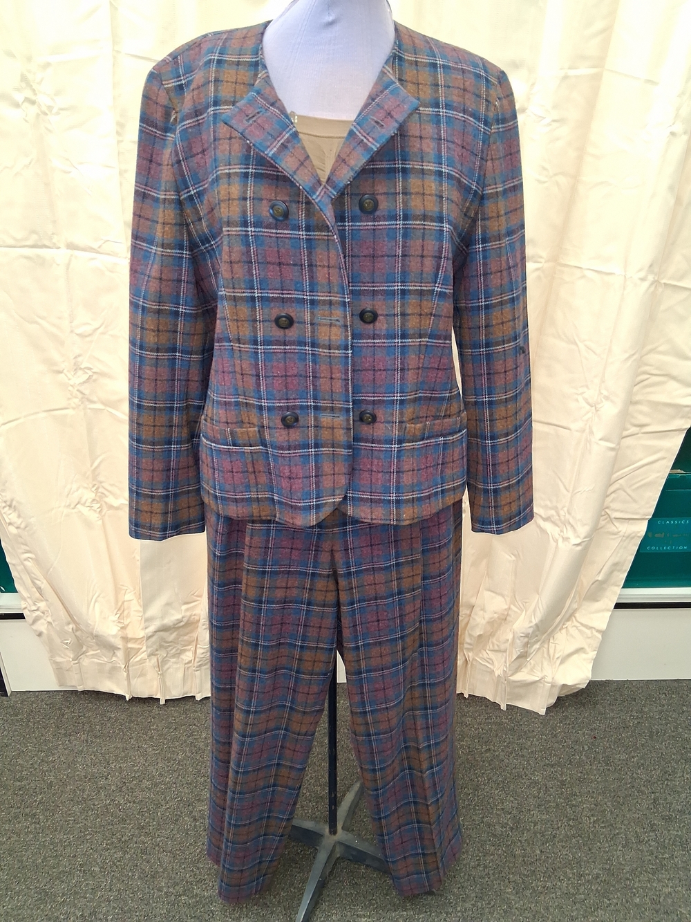 Pendleton Blue and Brown Plaid Pantsuit, Size 8 , Item 152